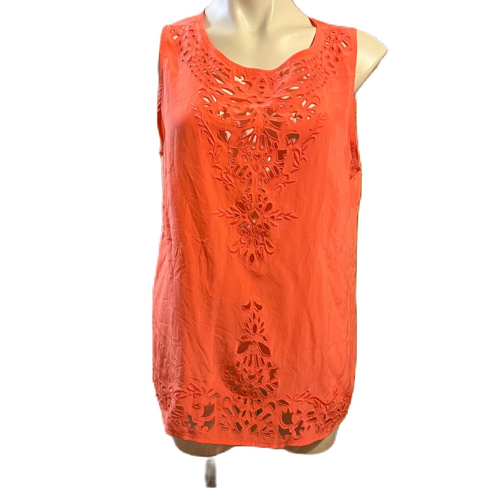 Cynthia  Rowley  100% silk orange lasercut eyelet short sleeve blouse